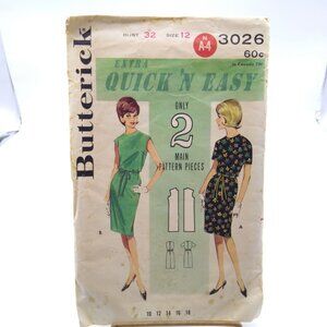 Vintage Sewing PATTERN Butterick 3026, Misses 1964 Extra Quick 'N Easy Shift